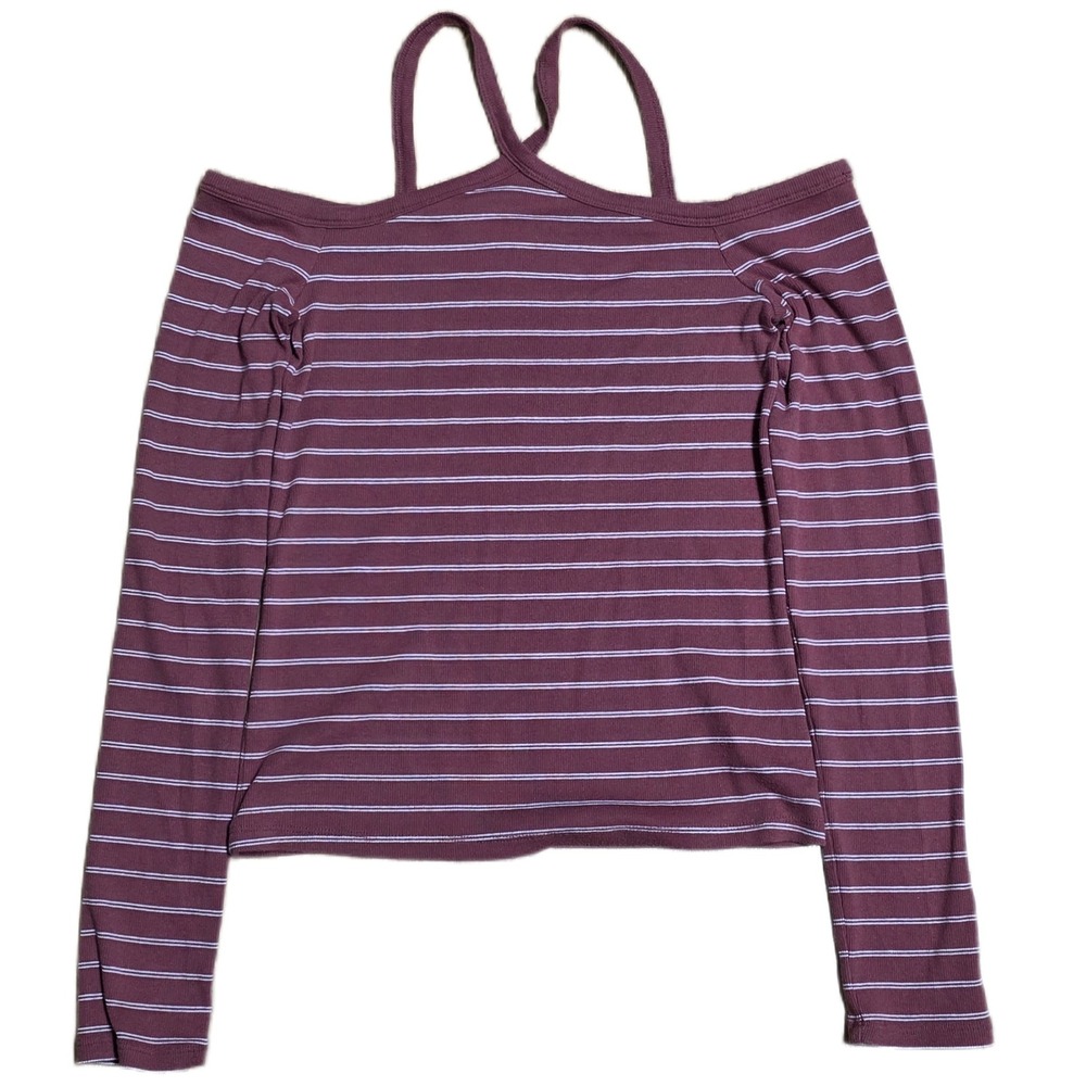 Aero Seriously Soft Striped Cold Shoulder Top Women's Size L Dusty Rose
